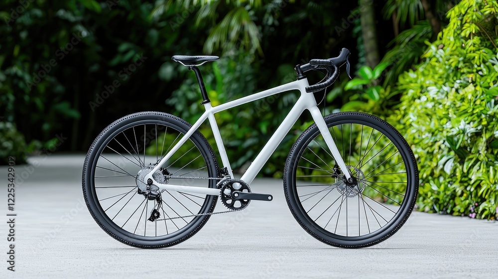 White gravel bike on paved path, lush green background. Outdoor adventure cycling image for marketing