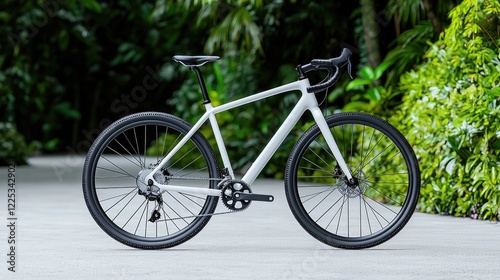 Obraz na płótnie White gravel bike on paved path, lush green background. Outdoor adventure cycling image for marketing w salonie