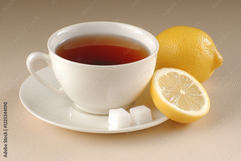 A cozy cup of black tea served with fresh lemon slices and sugar cubes on a soft background