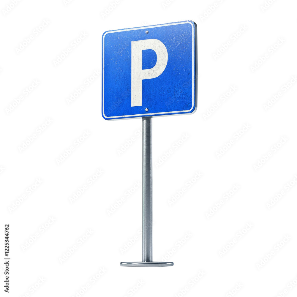 The image shows a weathered blue parking sign with a white P mounted on a metal post against a black background. The image shows a weathered blue parking sign with a white P mounted on a metal post against a black background.