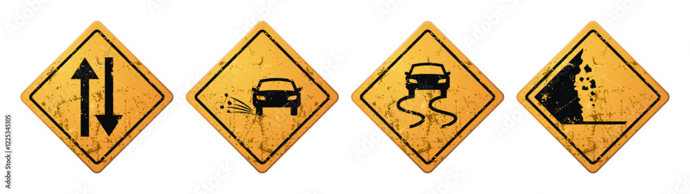 Set Rusty Yellow Sign. Two Way, Falling Rocks, Slippery Road, And Landslide Sign. Vector Illustration Set Rusty Yellow Sign. Two Way, Falling Rocks, Slippery Road, And Landslide Sign. Vector Illustration