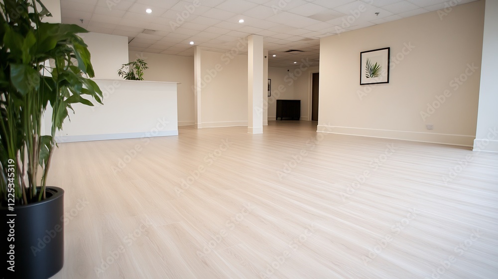 Spacious yoga studio interior, light wood floor, plant