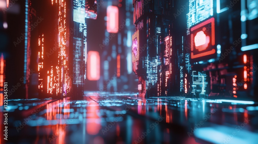 Fototapeta premium Futuristic Neon Cityscape with Illuminated Skyscrapers and Rain Reflections in the Street