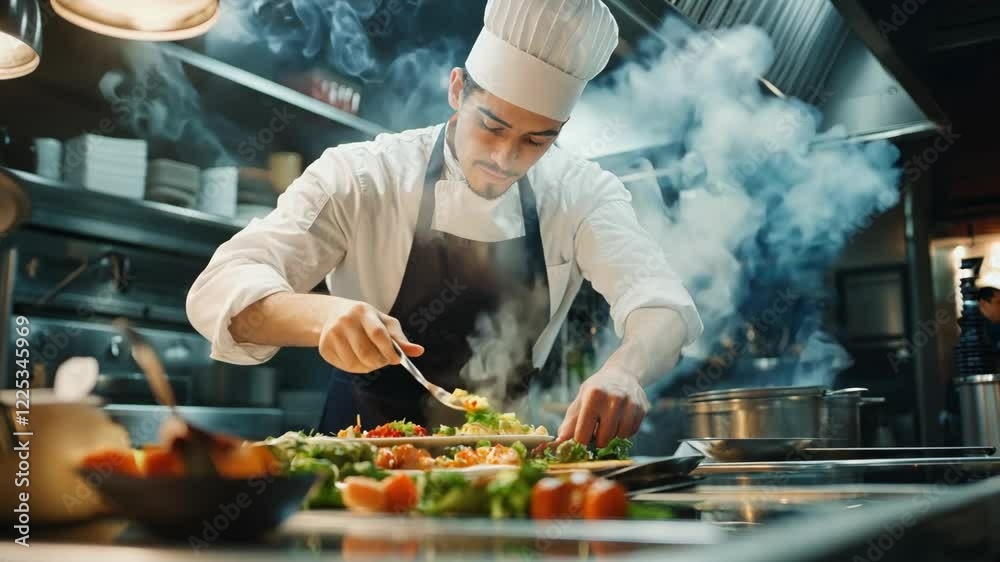 Chef Garnishing and Serving a Hot Meal in a Restaurant or Hotel Kitchen