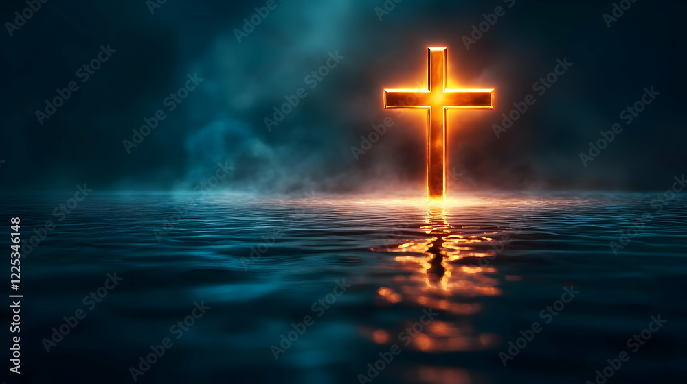 A glowing cross illuminated over calm waters, symbolizing faith and hope in a serene and mystical atmosphere. A glowing cross illuminated over calm waters, symbolizing faith and hope in a serene and mystical atmosphere.