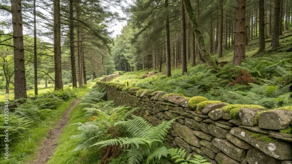 Obraz premium Drystone wall in a forest setting with trees and ferns, forest, outdoor, drystone