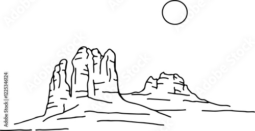 Simple vector doodle drawing of a desert with mesa and the sun