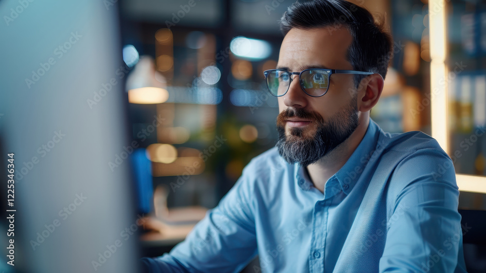 A bearded man wearing glasses works intently at a computer in a modern office, reflecting concentration, productivity, and professionalism.