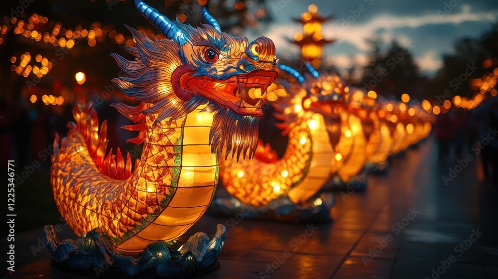 Obraz premium Illuminated Dragon Lanterns Line A Pathway At Night, Creating A Magical, Festive Atmosphere.