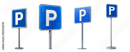 The image shows four variations of a blue parking sign with a white P, mounted on different sized metal posts against a black background. photo