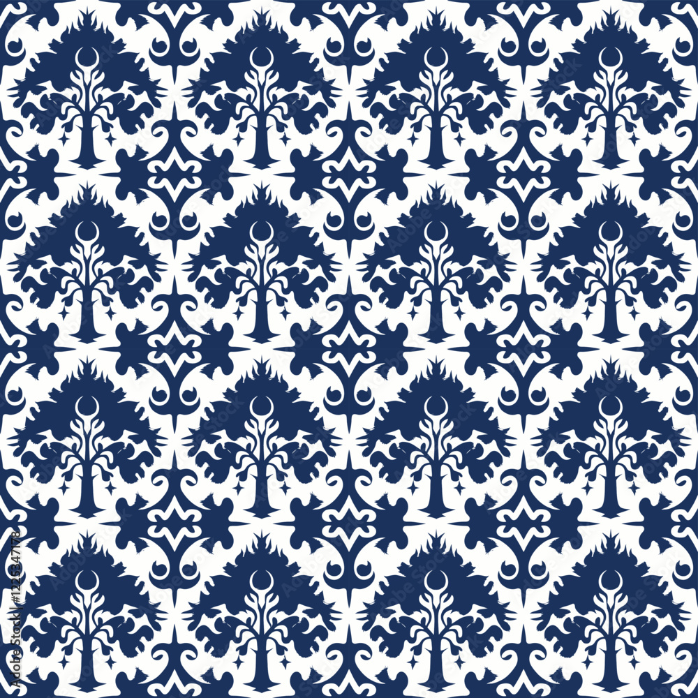 Dark Blue and White Tile Pattern with Decorative Symmetrical Arrangements Dark Blue and White Tile Pattern with Decorative Symmetrical Arrangements