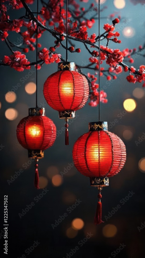 Obraz premium Three Red Chinese Lanterns Hang From A Flowering Branch, Glowing Softly Against A Blurred Bokeh Background. Perfect For Lunar New Year.