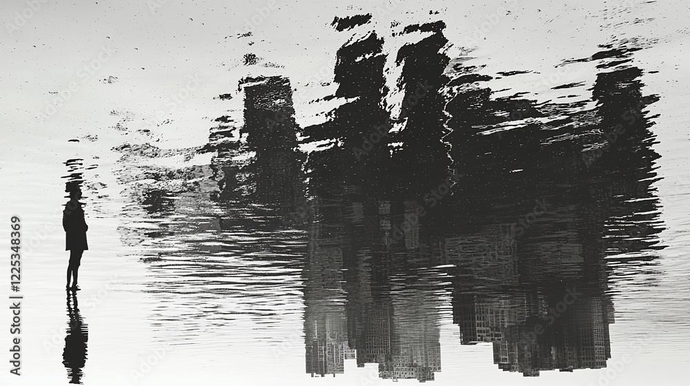 Solitary figure observing distorted city reflection in calm water; urban contemplation, ideal for melancholic mood, introspective themes, or environmental art Solitary figure observing distorted city reflection in calm water; urban contemplation, ideal for melancholic mood, introspective themes, or environmental art