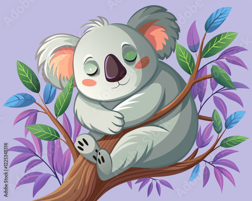 sleepy koala hugging a tree branch, set against a pale lavender background