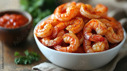 Spicy shrimp bowl, delicious seafood, close-up, wooden background, food photography photo