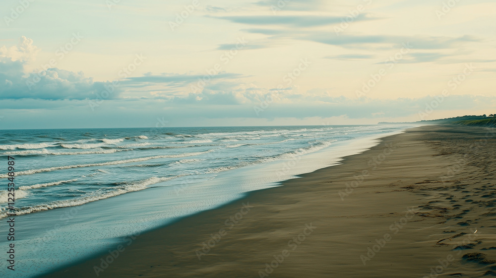 Obraz premium A stunning sandy beach with soft blue waves rolling in, under a pastel-colored sky during sunset, with ample copy space. Warm, glowing lighting. Serene and dreamlike 