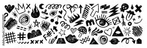 Punk doodle hand drawn vector. Grunge grafitti with rock heart star fire arrow skull. Sketch crayon icon tattoo. Scribble marker art. Line, shape punk doodle grafiti with rock music element. Chalk bg