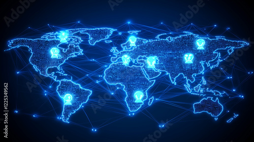 A 3D social network connection concept with human icons floating above a digital map, linked by glowing network lines across the world, with copy space.