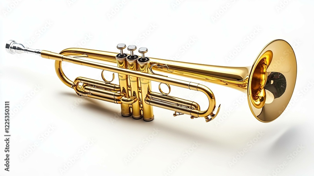 Obraz premium A trumpet with a long, thin body and a flared bell end made of bright, golden brass that exhibits a traditional musical instrument design