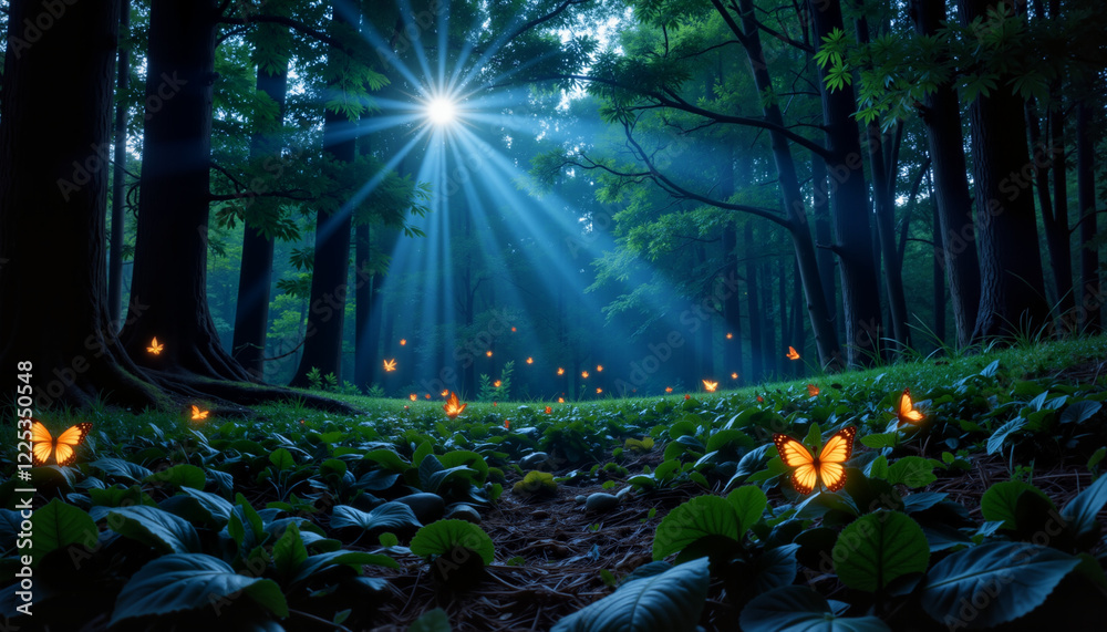 Fototapeta premium Ethereal butterflies glowing in mystical forest at twilight, magical nature