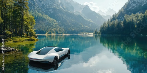 A hydrogen car driving near a pristine lake.