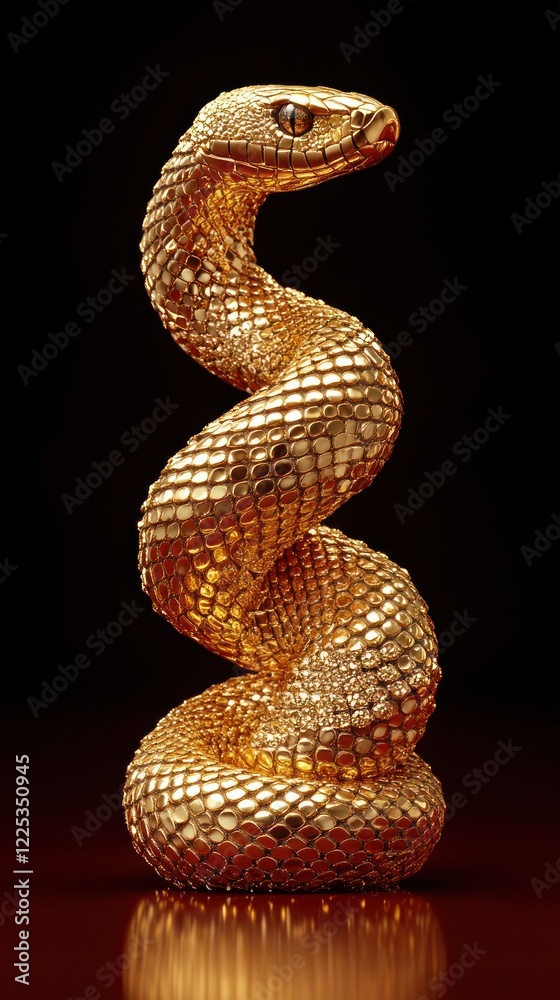 Fototapeta premium A Golden Snake Sculpture Coils Elegantly Against A Dark Background, Its Scales Gleaming Under The Light. A Luxurious, Mysterious Vibe.