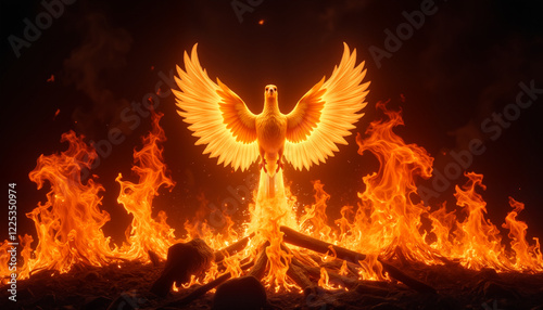 Phoenix rising from vibrant flames in a mystical clearing, rebirth