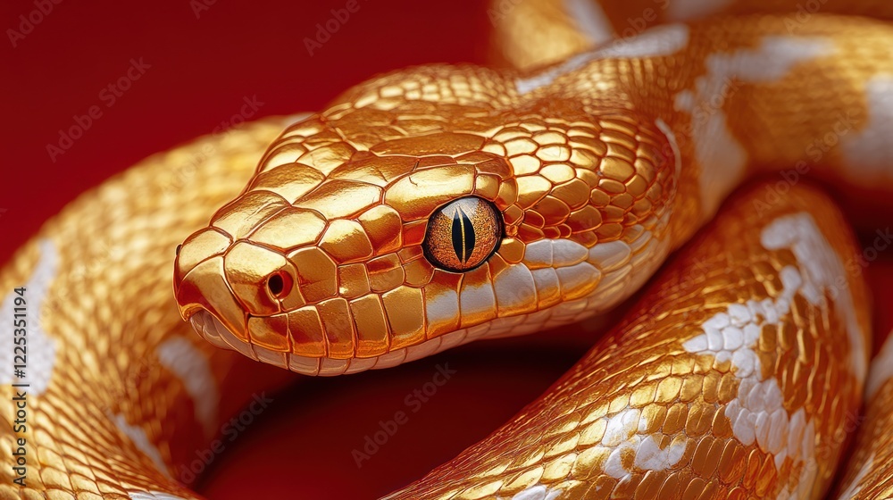 A Golden Snake With White Accents, Its Scales Gleaming Against A Red Backdrop. The Close-Up Shot Highlights The Intricate Texture And Intense Gaze Of The Reptile. A Golden Snake With White Accents, Its Scales Gleaming Against A Red Backdrop. The Close-Up Shot Highlights The Intricate Texture And Intense Gaze Of The Reptile.