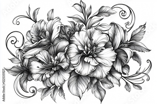 Wallpaper Mural Detailed black and white floral illustration featuring intricate roses and leaves, ideal for design projects Torontodigital.ca