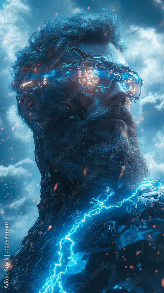 Fototapeta premium Cybernetic Zeus holding a futuristic lightning bolt under dramatic storm clouds. Epic and mythological scene