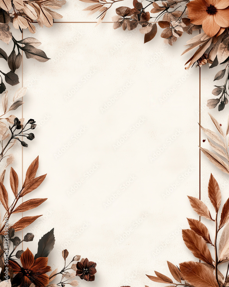 Cream template with a textured background and a central rectangular photo frame. Botanical illustrations frame the bottom and sides, with text space in the top-right corner. Cream template with a textured background and a central rectangular photo frame. Botanical illustrations frame the bottom and sides, with text space in the top-right corner.