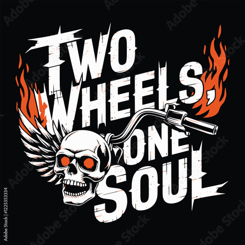 Skull Biker T Shirt Design with Wings and Handlebar Two Wheels One Soul Bike T-Shirt Design