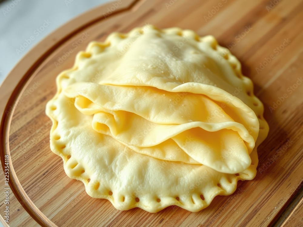 Flaky pastry layers unfolding on a wooden cutting board, baking supplies, artisanal bread, pastries for sale