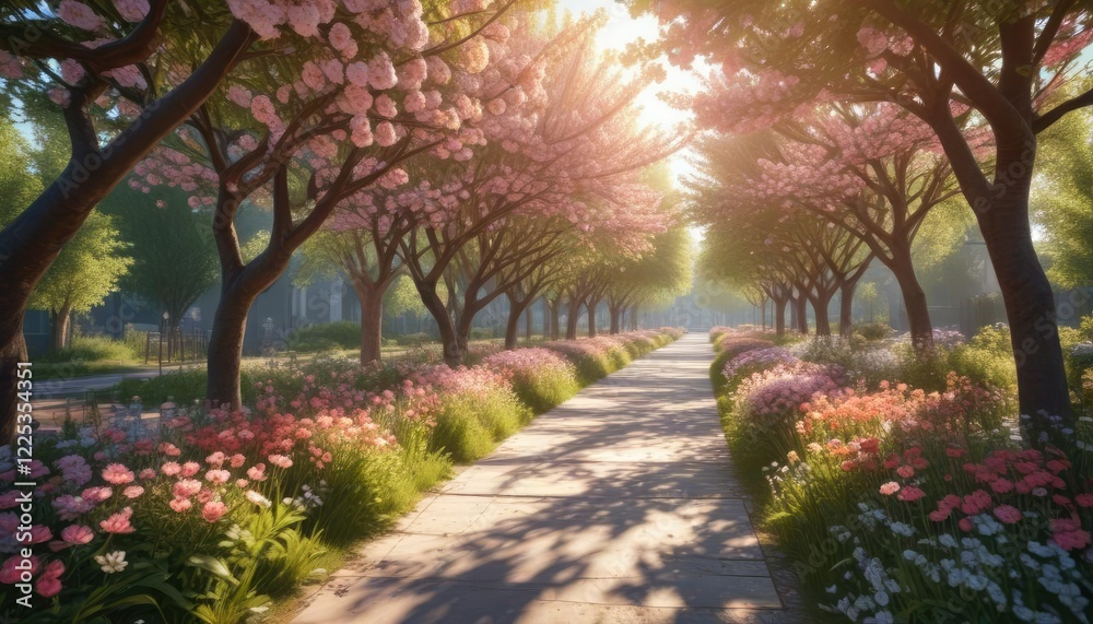 Naklejka premium Flower-lined walkway surrounded by blooming trees and sunlight filters , garden pathway, serene, garden