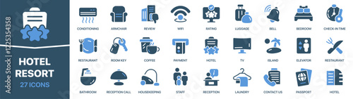 Hotel and resort colored signed icon collection. Luggage, bell, restaurant, room icons. UI icon set. Colored icons pack. Vector illustration