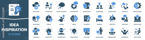Idea and inspiration colored signed icon collection. Creative, brainstorm, genius, creator icons. UI icon set. Colored icons pack. Vector illustration