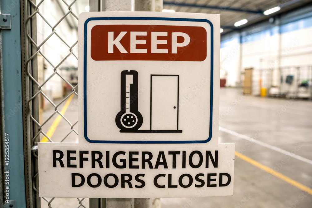 A warning sign instructing to keep refrigeration doors closed, featuring an illustration of a refrigeration unit and a door. A warning sign instructing to keep refrigeration doors closed, featuring an illustration of a refrigeration unit and a door.