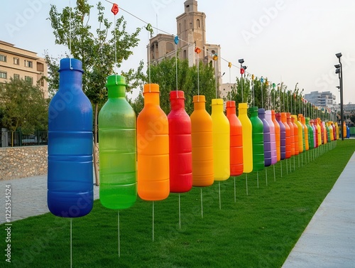 upcycling plastic waste art eco-friendly. Mobile art installations using suspended plastic bottles, engaging audiences with environmental themes