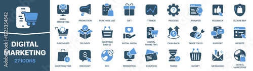 Digital marketing colored signed icon collection. Trends, analysis, promotion, delivery, discount icons. UI icon set. Colored icons pack. Vector illustration