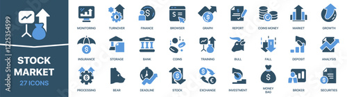 Stock market colored signed icon collection. Finance, graph, deposit, money, broker icons. UI icon set. Colored icons pack. Vector illustration
