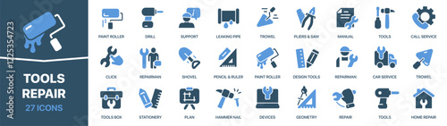 Tools and repair colored signed icon collection. Roller, drill, trowel, instrument, repairman icons. UI icon set. Colored icons pack. Vector illustration