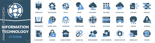 Information technology colored signed icon collection. Network, cloud, programming, internet, hacking icons. UI icon set. Colored icons pack. Vector illustration
