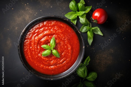 Italian style tomato sauce in black bowl on dark surface top view copy space