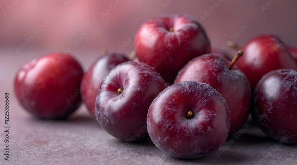 A beautifully arranged cluster of deep red plums resting on a soft, muted background. The plums have a rich, velvety skin with a light natural bloom, emphasizing their freshness and ripeness A beautifully arranged cluster of deep red plums resting on a soft, muted background. The plums have a rich, velvety skin with a light natural bloom, emphasizing their freshness and ripeness