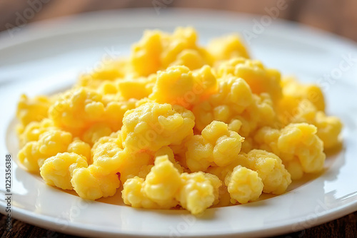 plate of fluffy scrambled eggs served on white dish, showcasing vibrant yellow color and soft texture photo