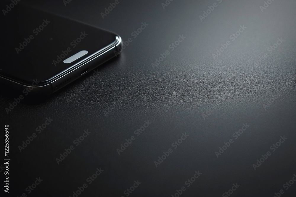 Close-up of a sleek smartphone resting on a dark textured surface, highlighting modern technology aesthetics Close-up of a sleek smartphone resting on a dark textured surface, highlighting modern technology aesthetics