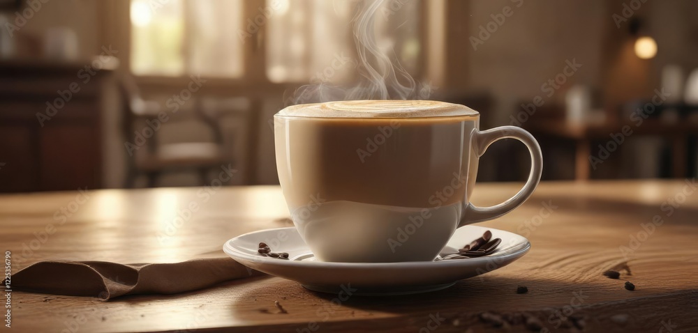 Obraz premium Freshly brewed coffee in a large mug with steaming hot latte, hot drink, mug, beverage