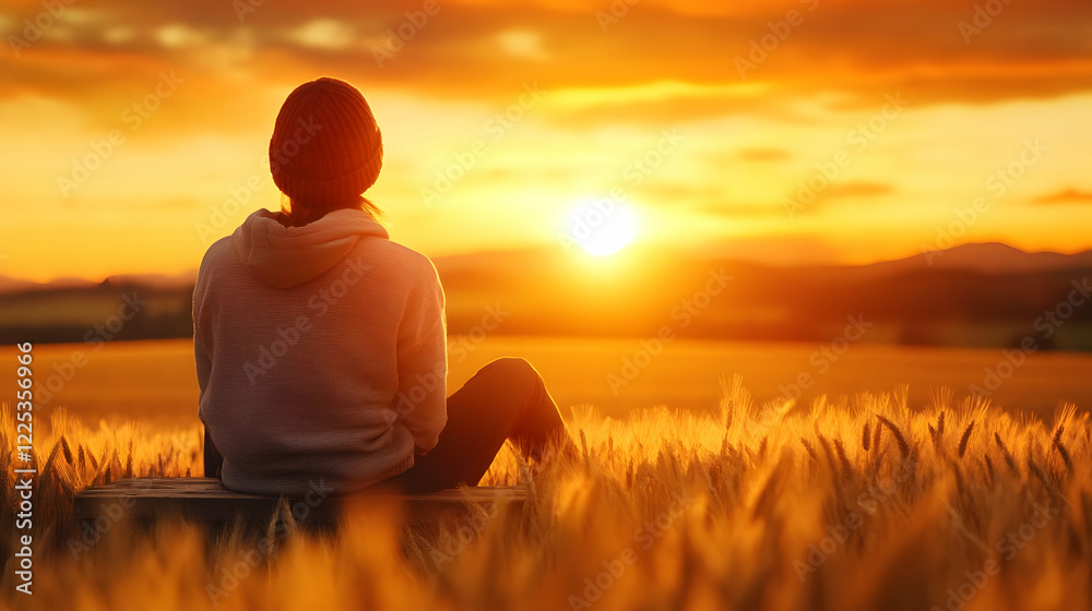 A person gazing at a breathtaking sunset over a golden field, embodying tranquility and a connection to nature.