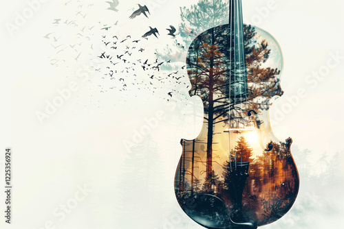 A creative double exposure image combining a violin with a forest landscape and birds flying.