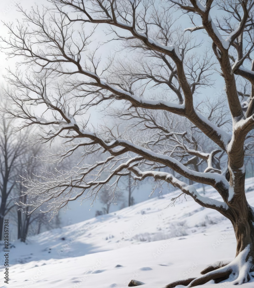 Fresh snow coating the intricate design of a leafless tree's branches in winter, seasonal, cold, tree, frost Fresh snow coating the intricate design of a leafless tree's branches in winter, seasonal, cold, tree, frost